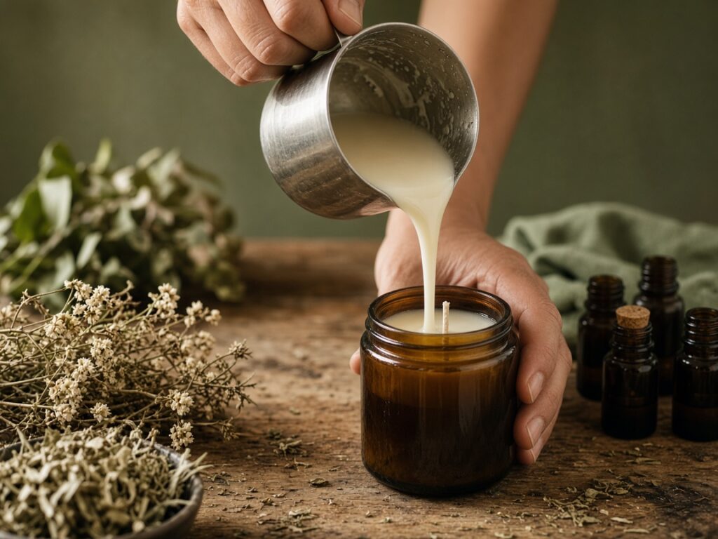 Pouring soy wax into an amber jar